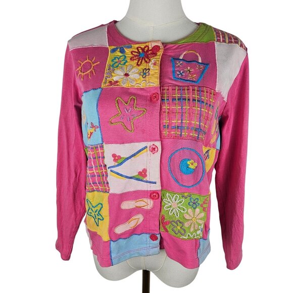Michael Simon Embroidered Patchwork Cardigan Small Pink Flaws - Picture 1 of 13